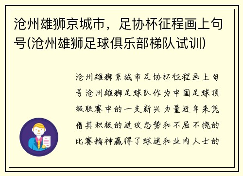 沧州雄狮京城市，足协杯征程画上句号(沧州雄狮足球俱乐部梯队试训)