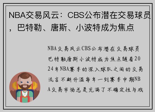 NBA交易风云：CBS公布潜在交易球员，巴特勒、唐斯、小波特成为焦点
