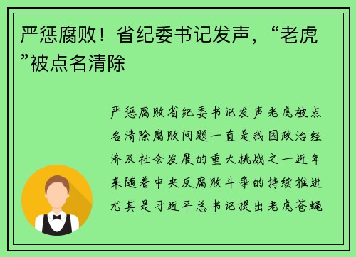 严惩腐败！省纪委书记发声，“老虎”被点名清除