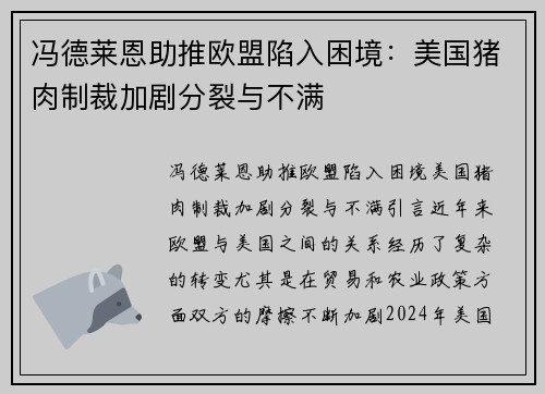 冯德莱恩助推欧盟陷入困境：美国猪肉制裁加剧分裂与不满