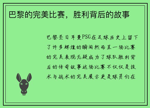 巴黎的完美比赛，胜利背后的故事
