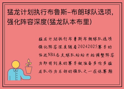 猛龙计划执行布鲁斯-布朗球队选项，强化阵容深度(猛龙队本布里)