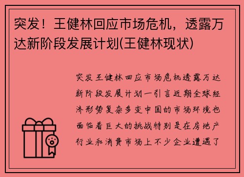 突发！王健林回应市场危机，透露万达新阶段发展计划(王健林现状)