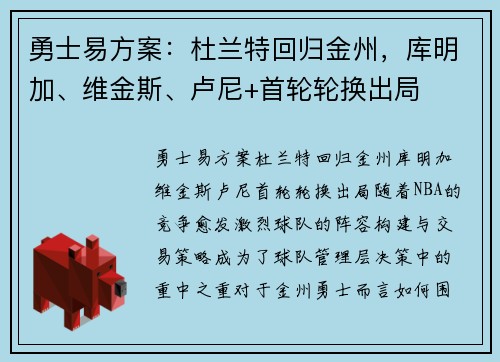 勇士易方案：杜兰特回归金州，库明加、维金斯、卢尼+首轮轮换出局
